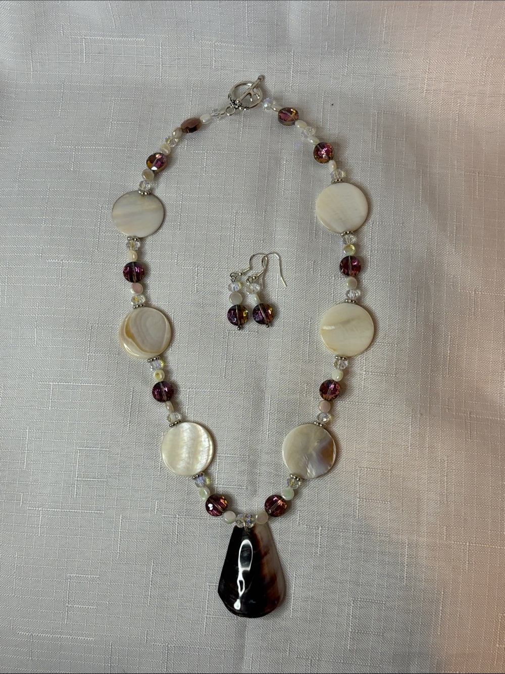 Handcrafted Plum/Cream Shell and Crystal Necklace and Earring Set - Picture 5 of 7
